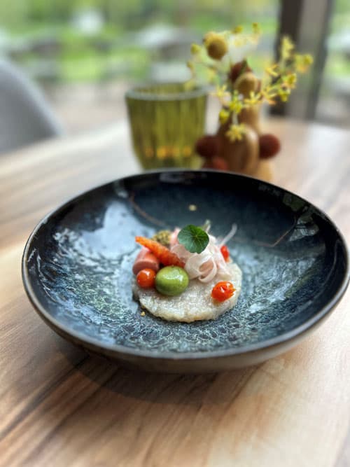 Voorgerecht in een donkerblauwe aardewerken kom: jonge wortel, tomaatjes en dun geschaafde groente op een krokante bodem, met een blaadje Oost-Indische kers erop.